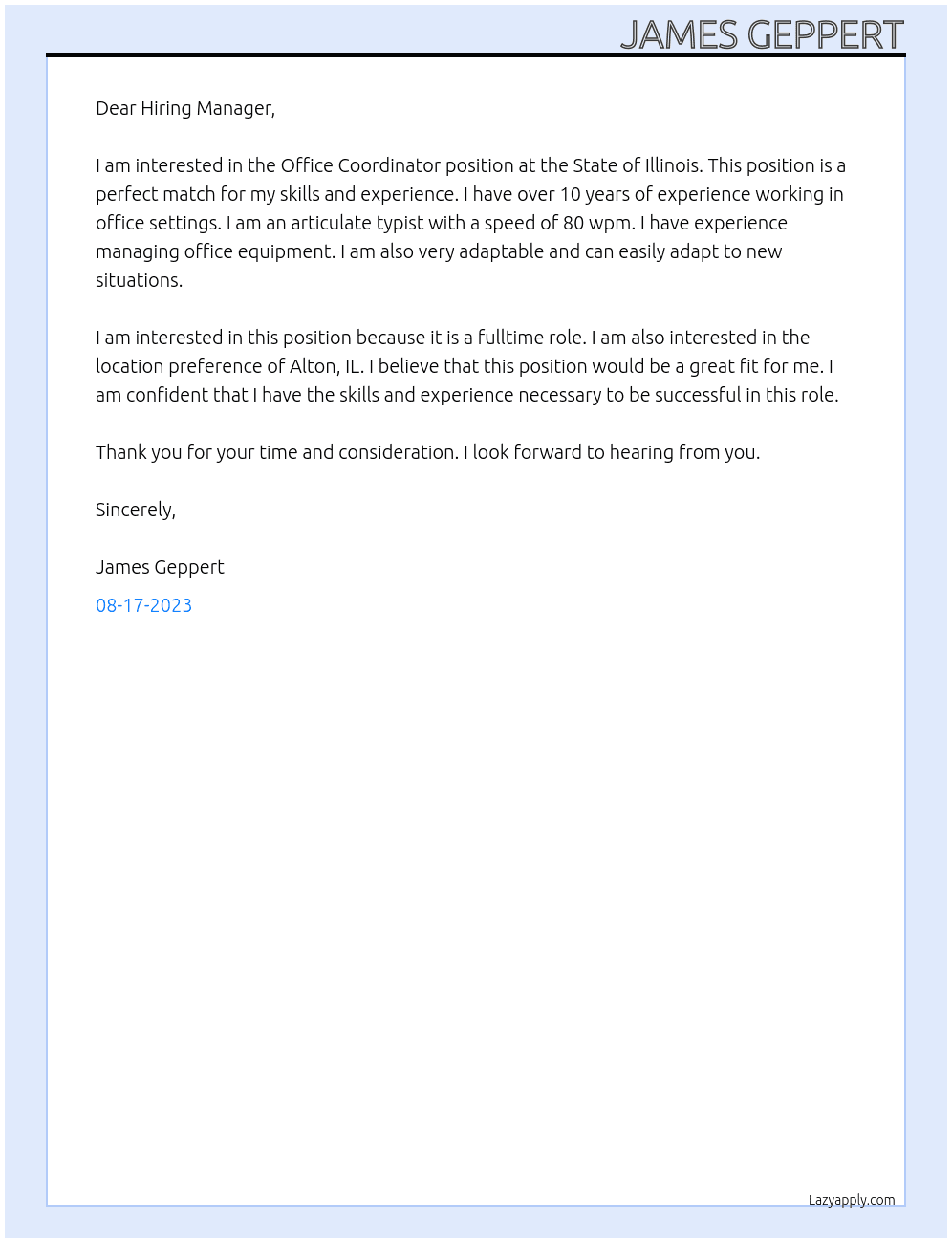 Office Coordinator At State of Illinlis Cover Letter