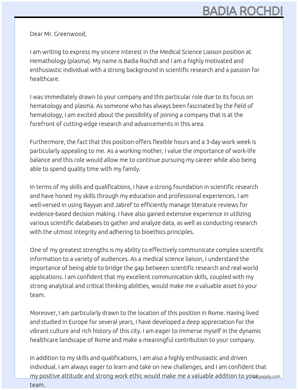 Cover letter for medical science liaison - LazyApply