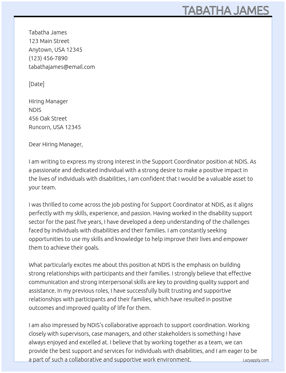 Support Coordinator At NDIS Cover Letter