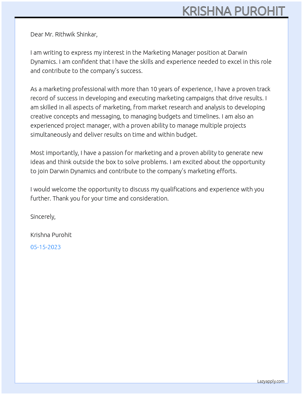 Marketing Manager  At Darwin Dynamics  Cover Letter