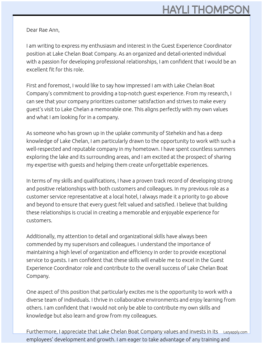 Guest Experience Coordinator At Lake  Chelan  Boat Company Cover Letter