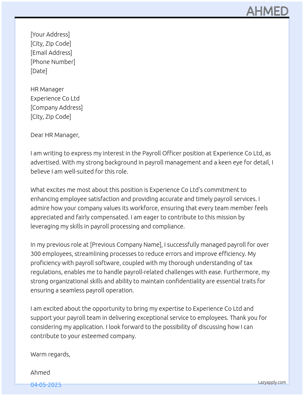 Payroll Officer At Experience Co Ltd Cover Letter