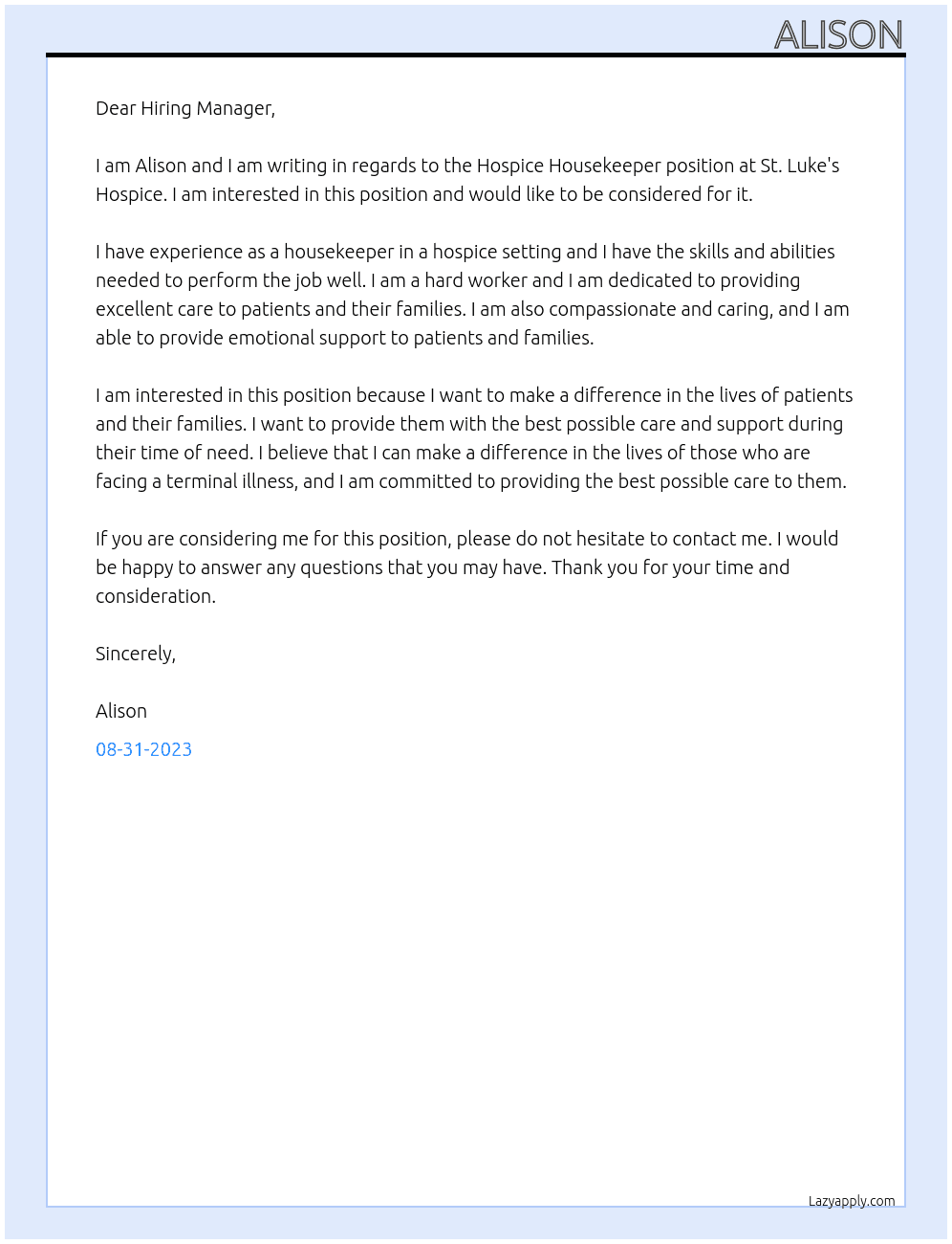 Hospice housekeeper At St Luke's Hospice Cover Letter