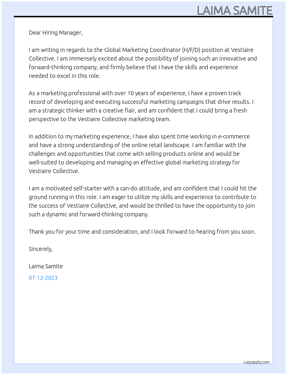 Global Marketing Coordinator (H/F/D) At Vestiaire Collective Cover Letter