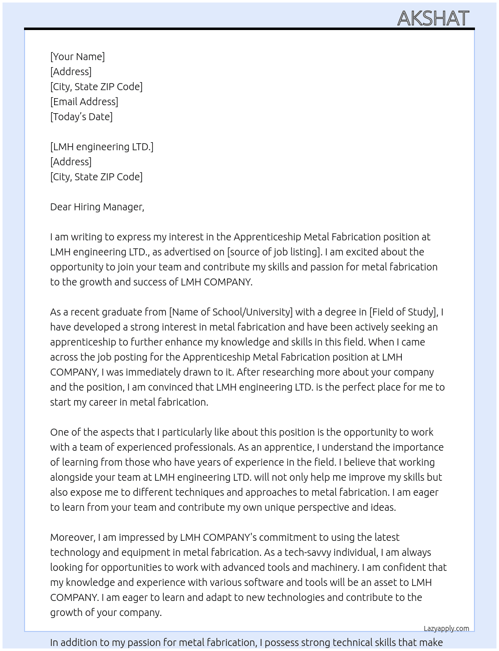 Apprenticeship Metal Fabrication  At LMH engineering LTD. Cover Letter