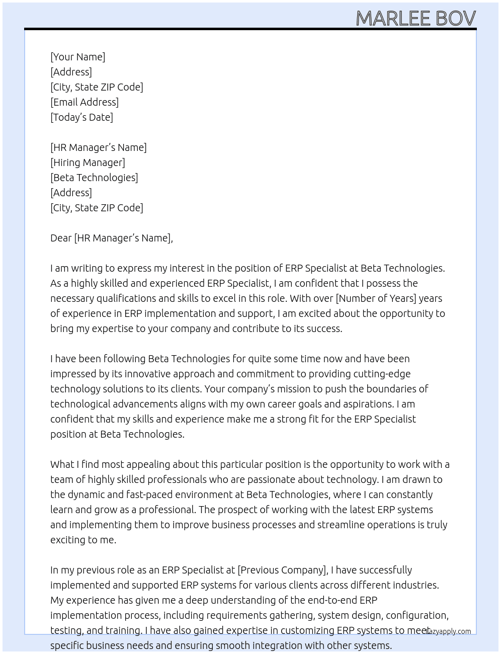 ERP Specialist At Beta Technologies Cover Letter