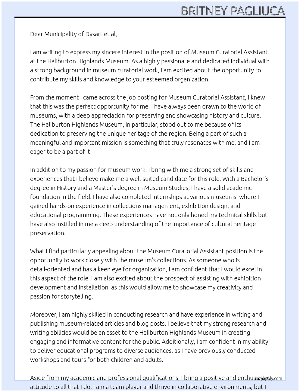  Museum Curatorial Assistant At Haliburton Highlands Museum Cover Letter