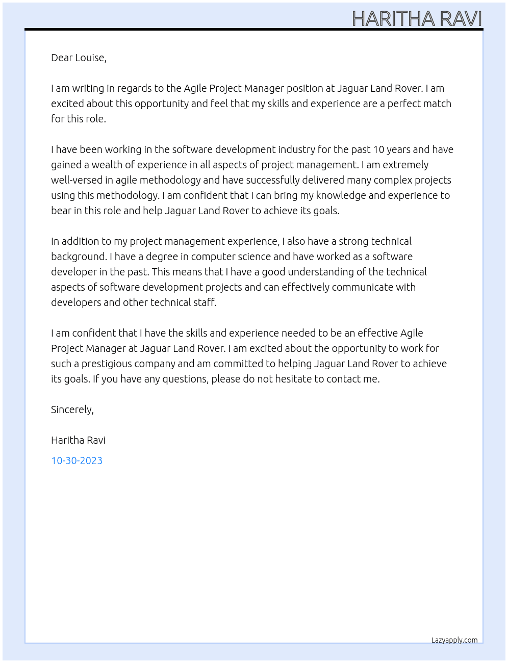 Agile project manager At Jaguar Land rover Cover Letter