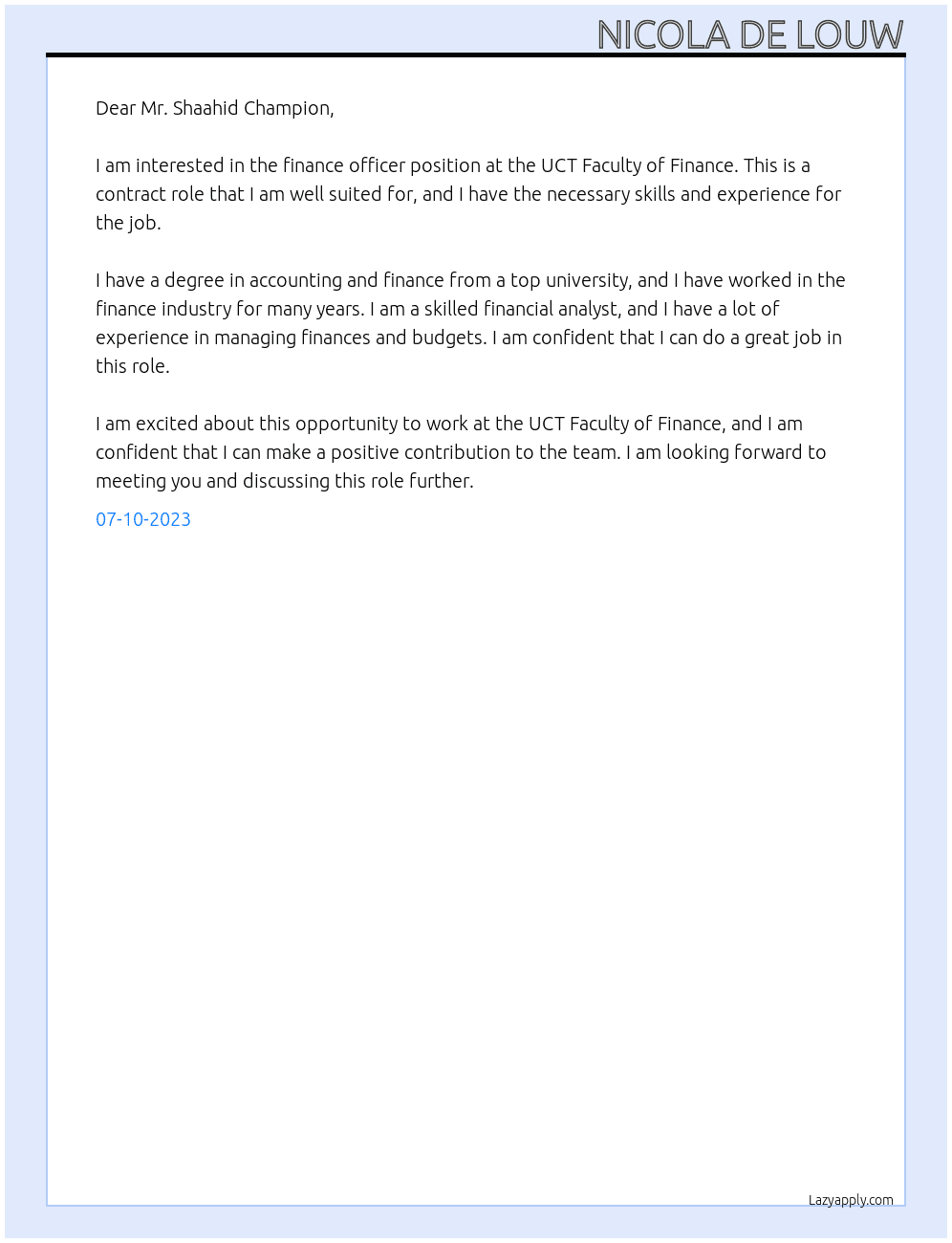 finance officer At UCT Faculty of Finance Cover Letter
