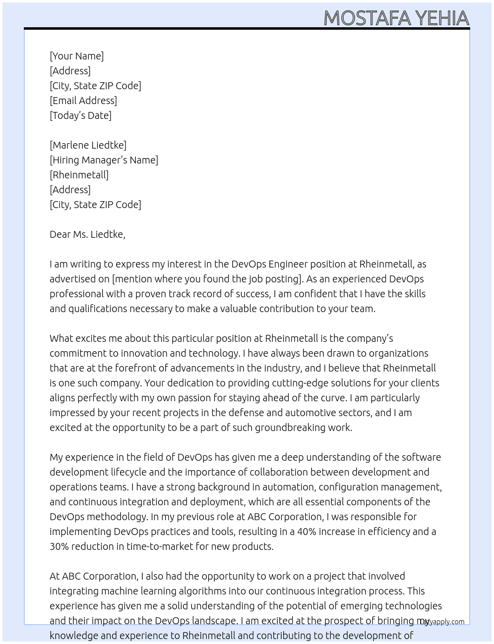 DevOps Engineer At Rheinmetall Cover Letter