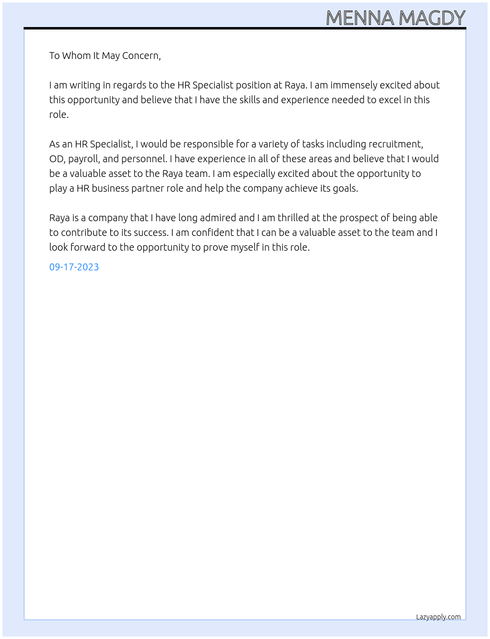 HR Specialist At Raya Cover Letter