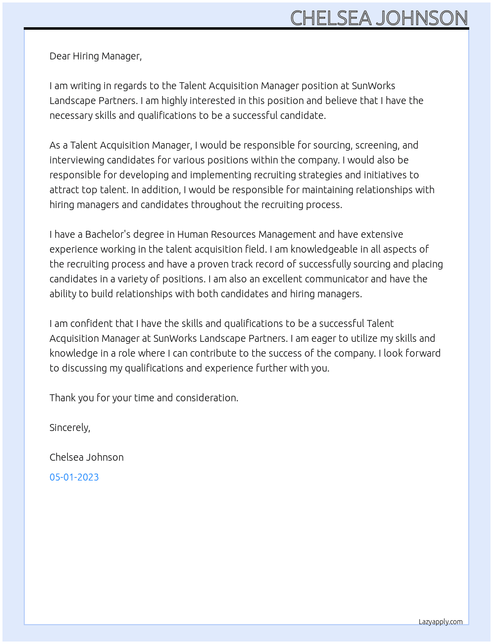 Talent Acquisition Manager At SunWorks Landscape Partners Cover Letter