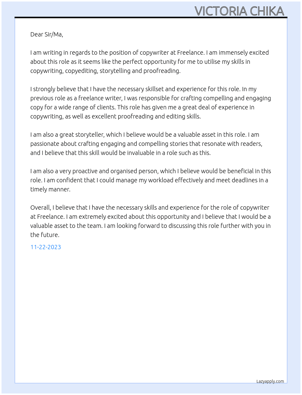 Copy writer  At Freelance  Cover Letter