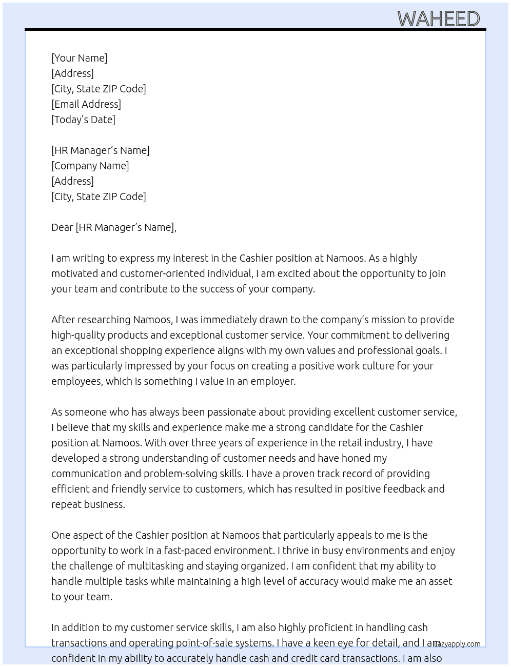 Cashier  At Namoos Cover Letter