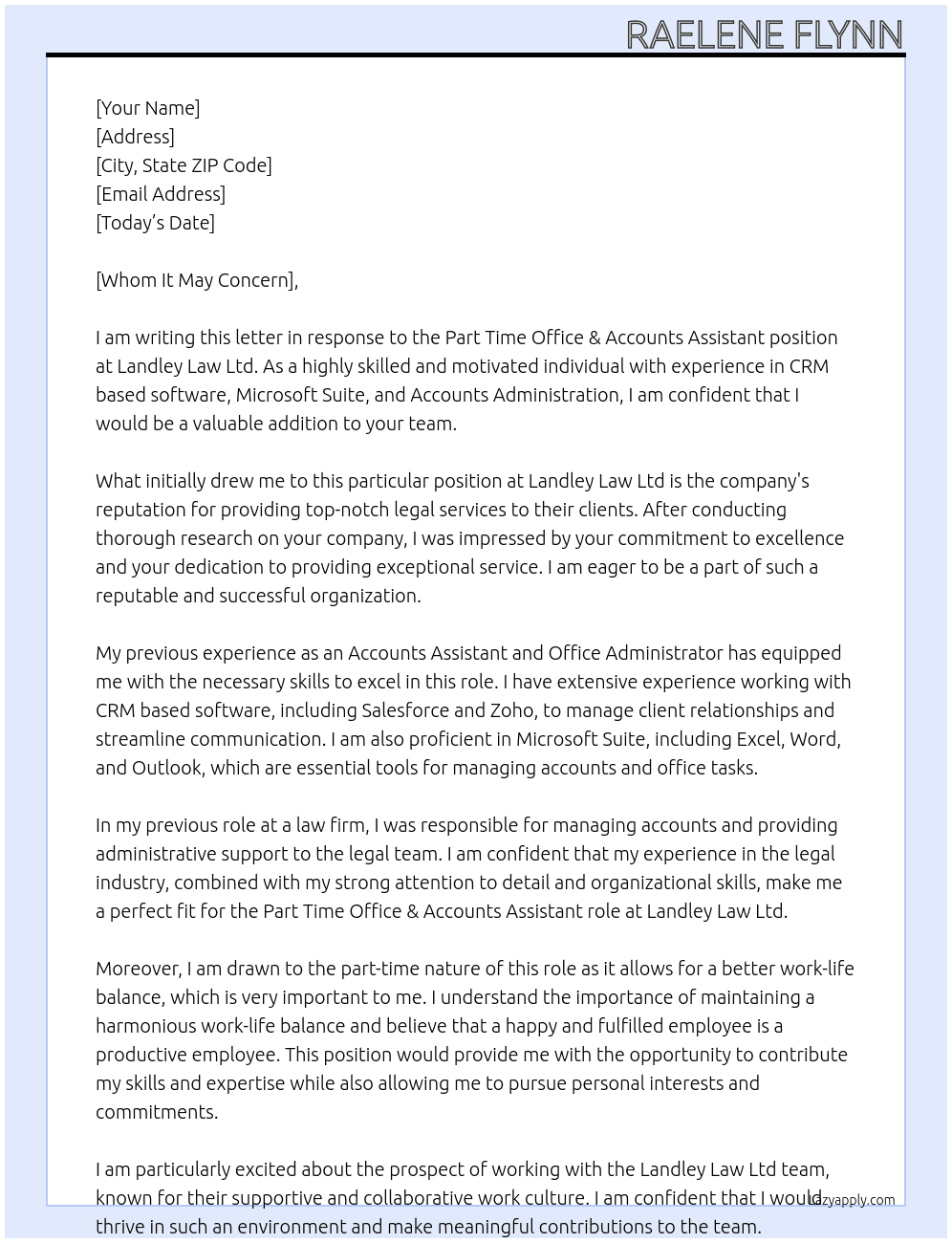 Part Time Office & Accounts Assistant At Landley Law Ltd Cover Letter