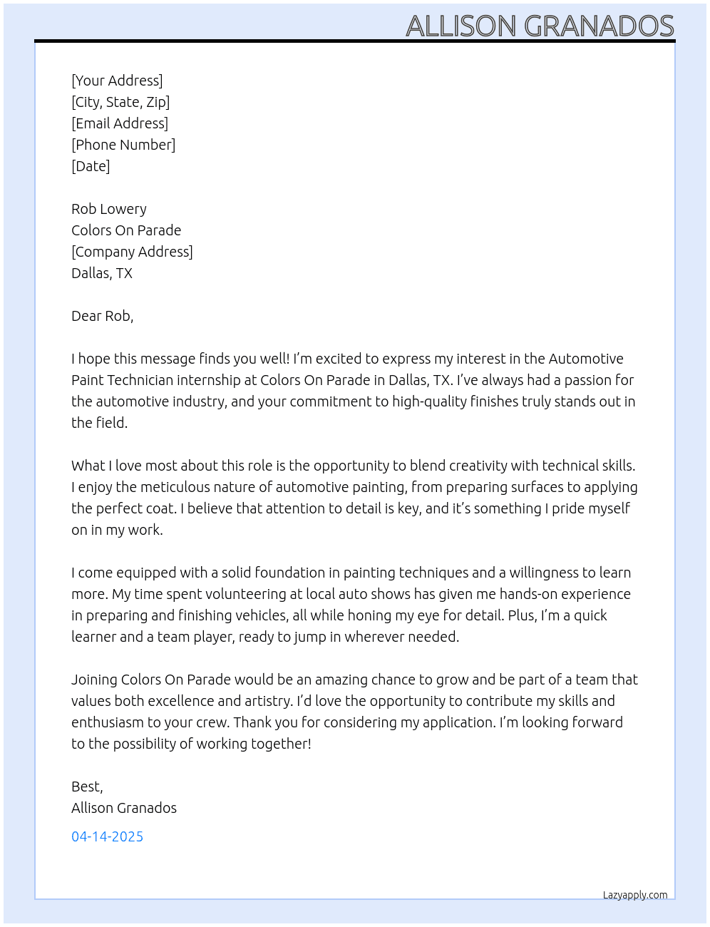 automotive paint technician At Colors On Parade Cover Letter