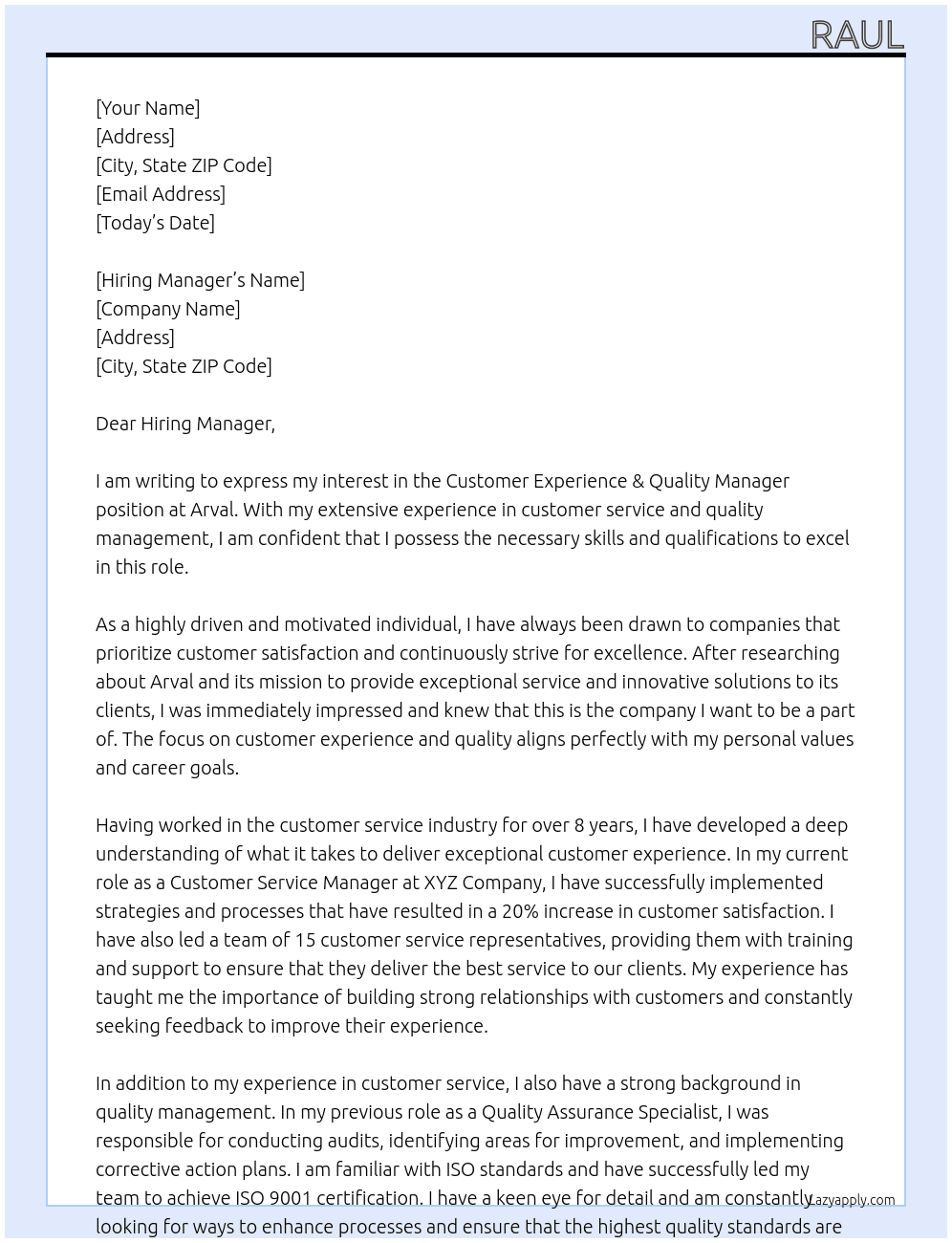 Customer Experience & Quality Manager At Arval Cover Letter