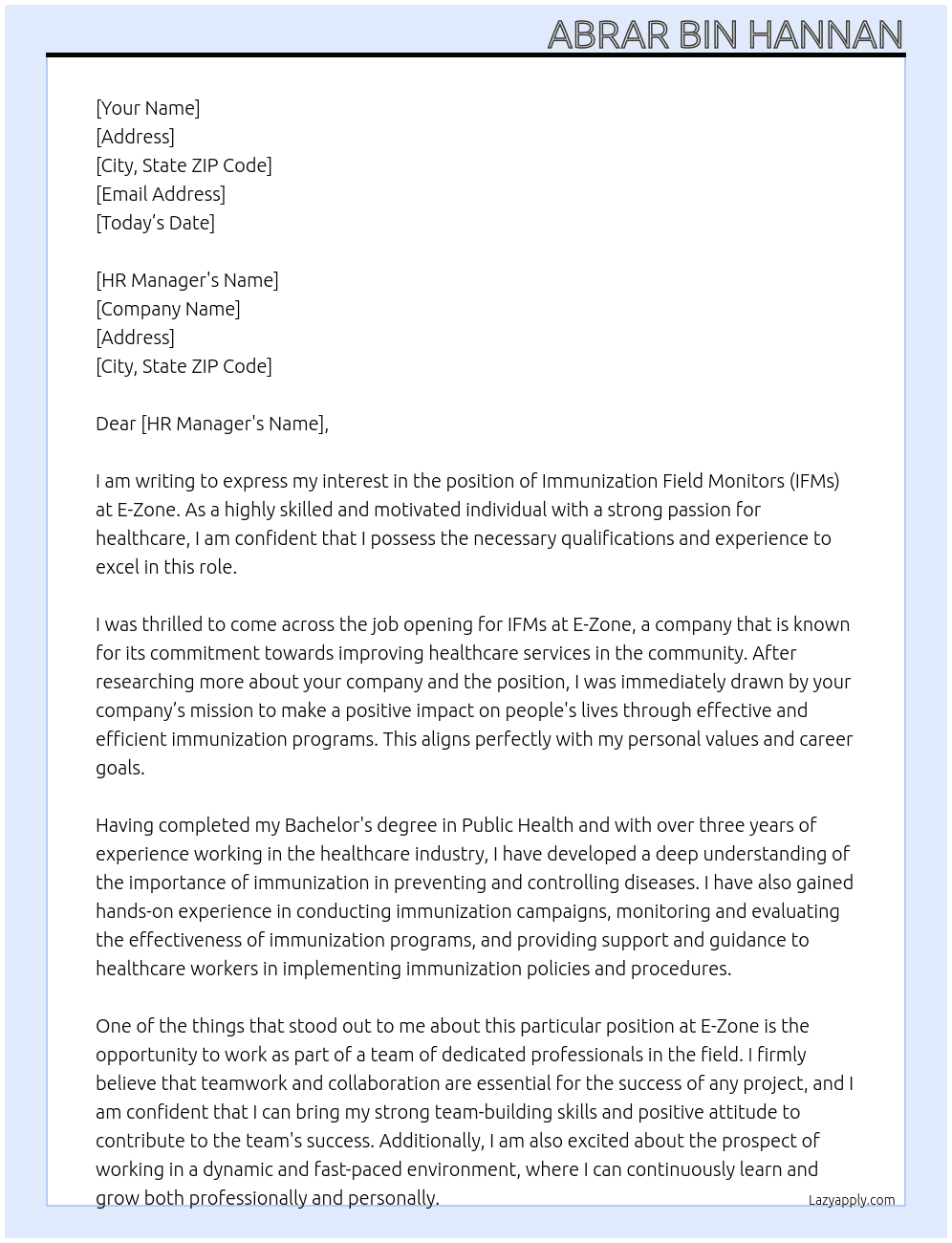 Immunization Field Monitors (IFMs) At E-Zone Cover Letter