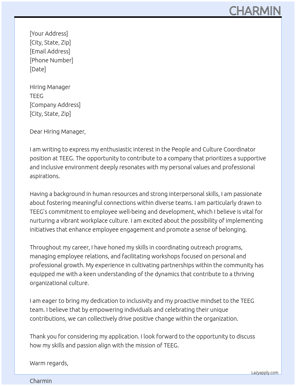 people and culture coordinator At TEEG Cover Letter