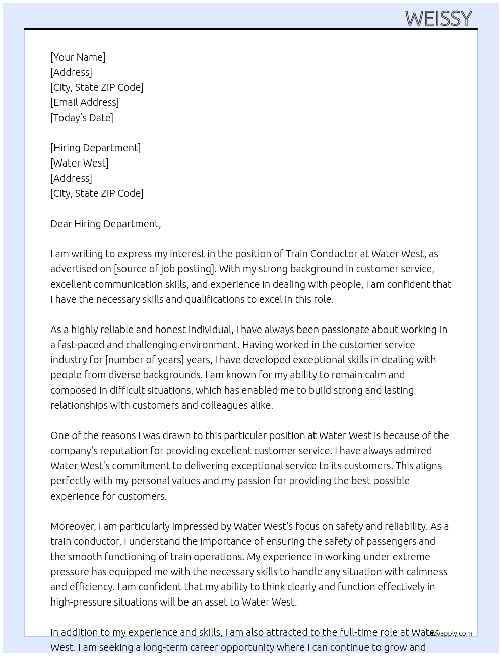 train conductor  At water west Cover Letter