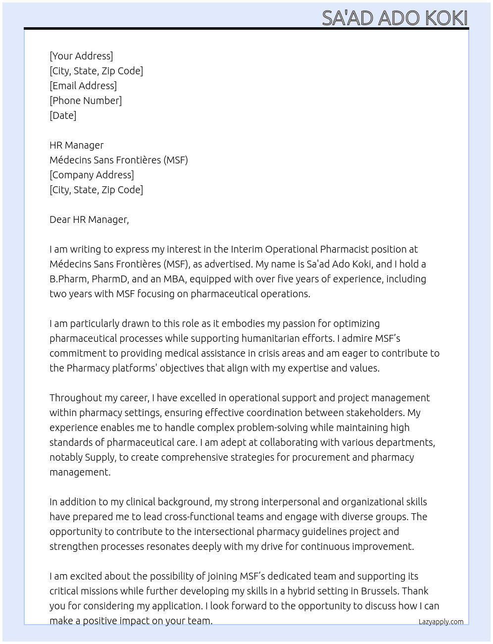 Cover letter for interim operational pharmacist - LazyApply