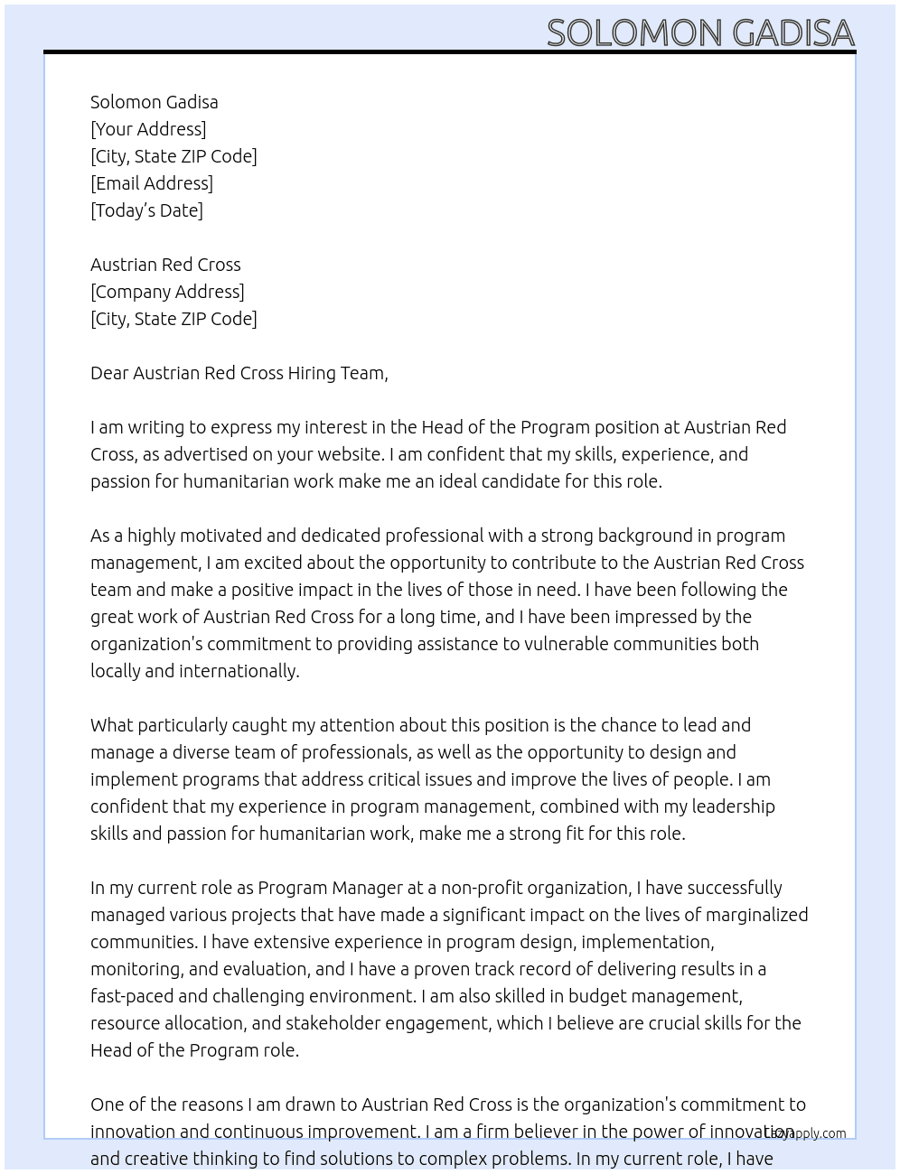 Head of the Program At Austrian Red Cross Cover Letter