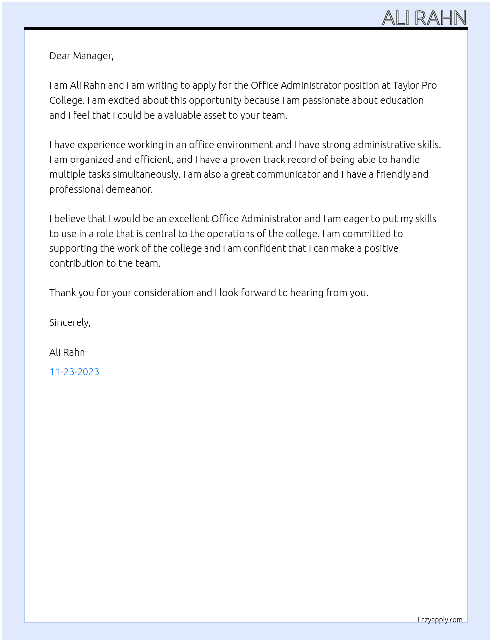 Office Administrator At Taylor Pro College Cover Letter