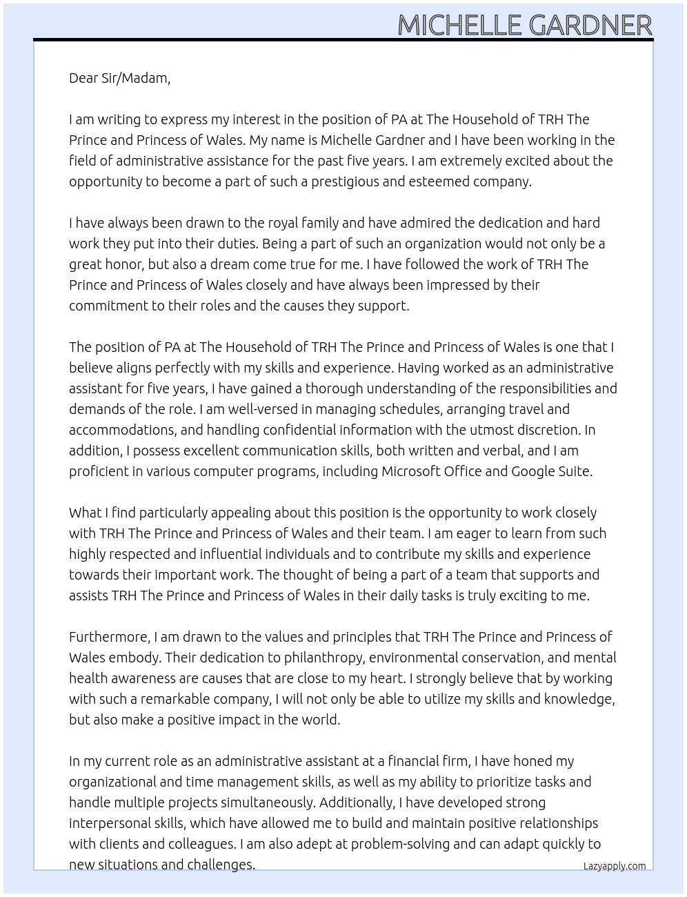PA At The Household of TRH The Prince and Princess of Wales Cover Letter