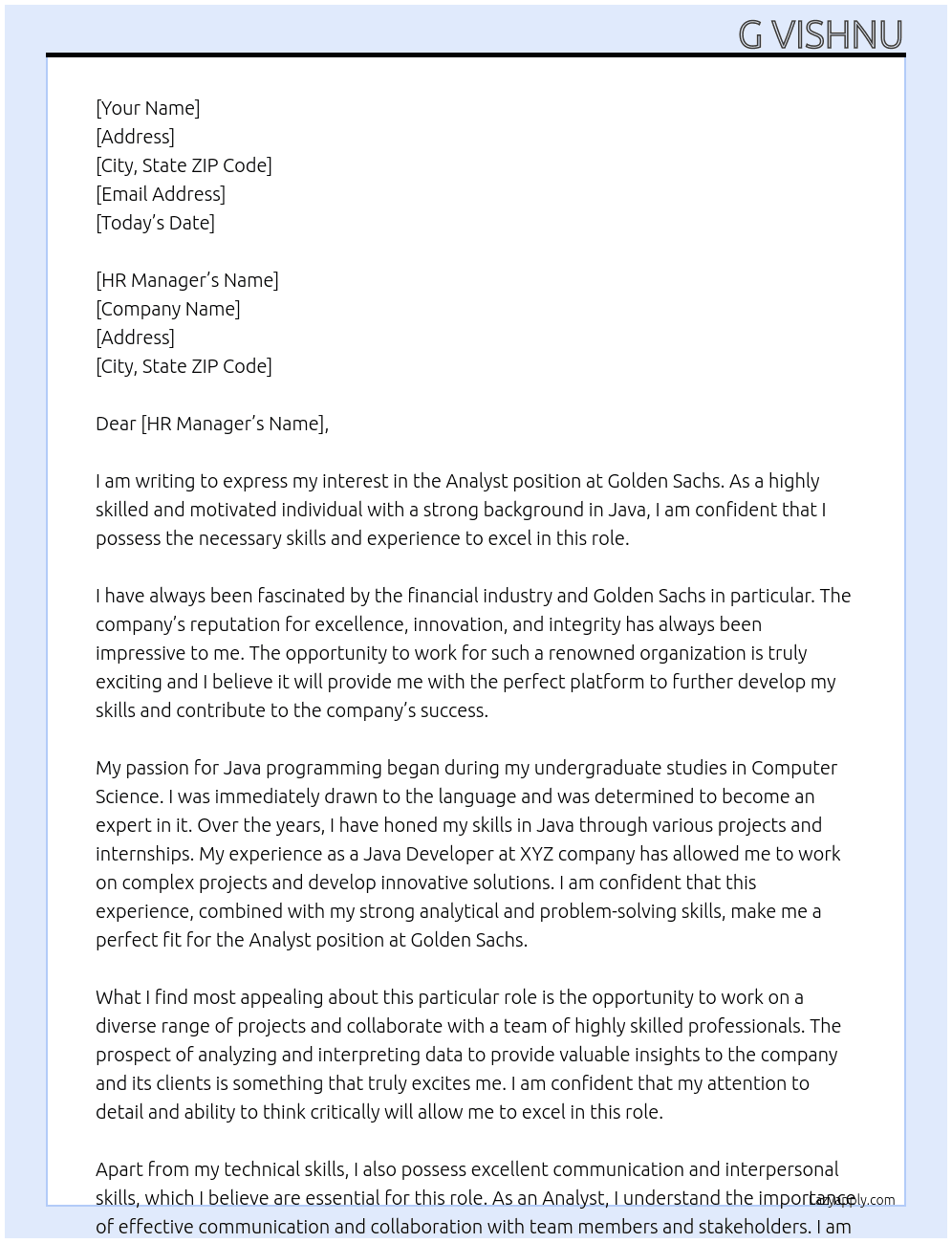 Analyst At Golden Sachs Cover Letter