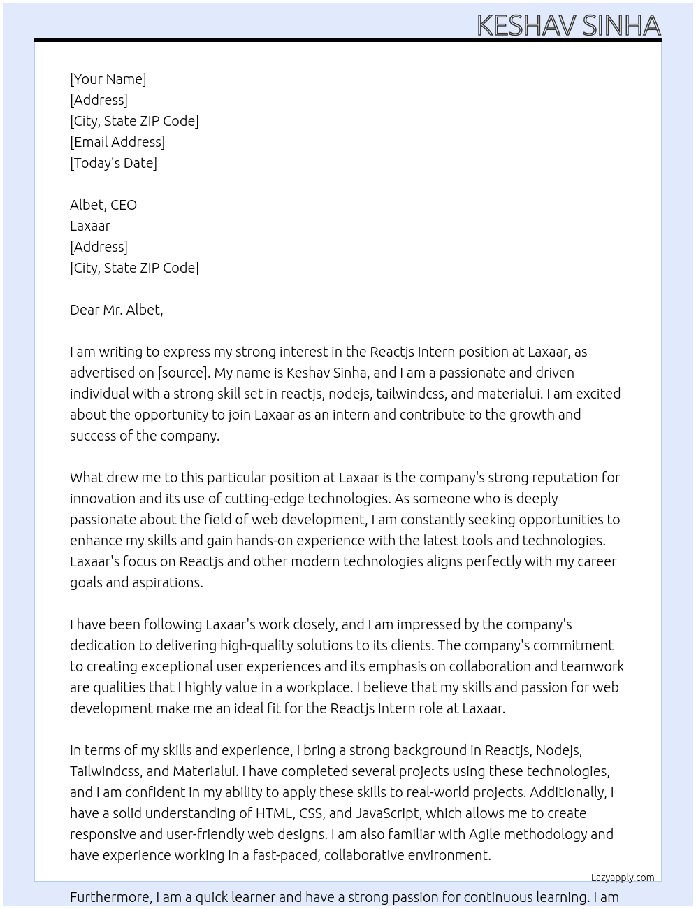Reactjs Intern At Laxaar Cover Letter