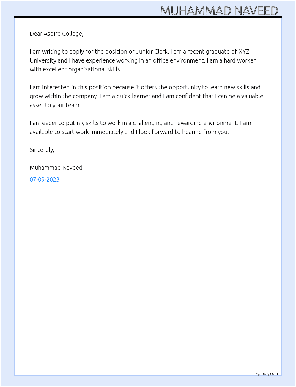 Junior clerk  At Aspire College  Cover Letter