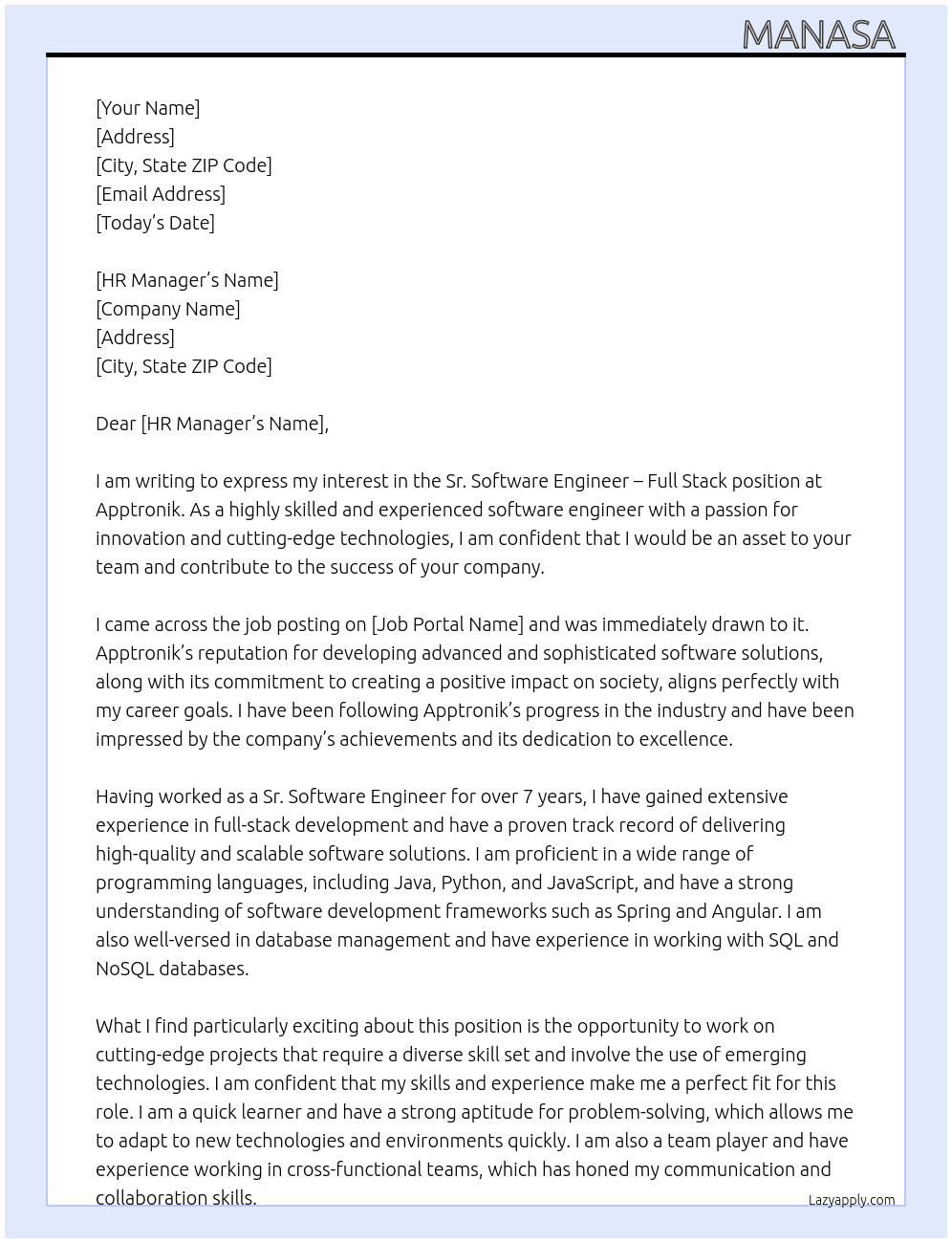 Sr. Software Engineer - Full Stack At Apptronik Cover Letter