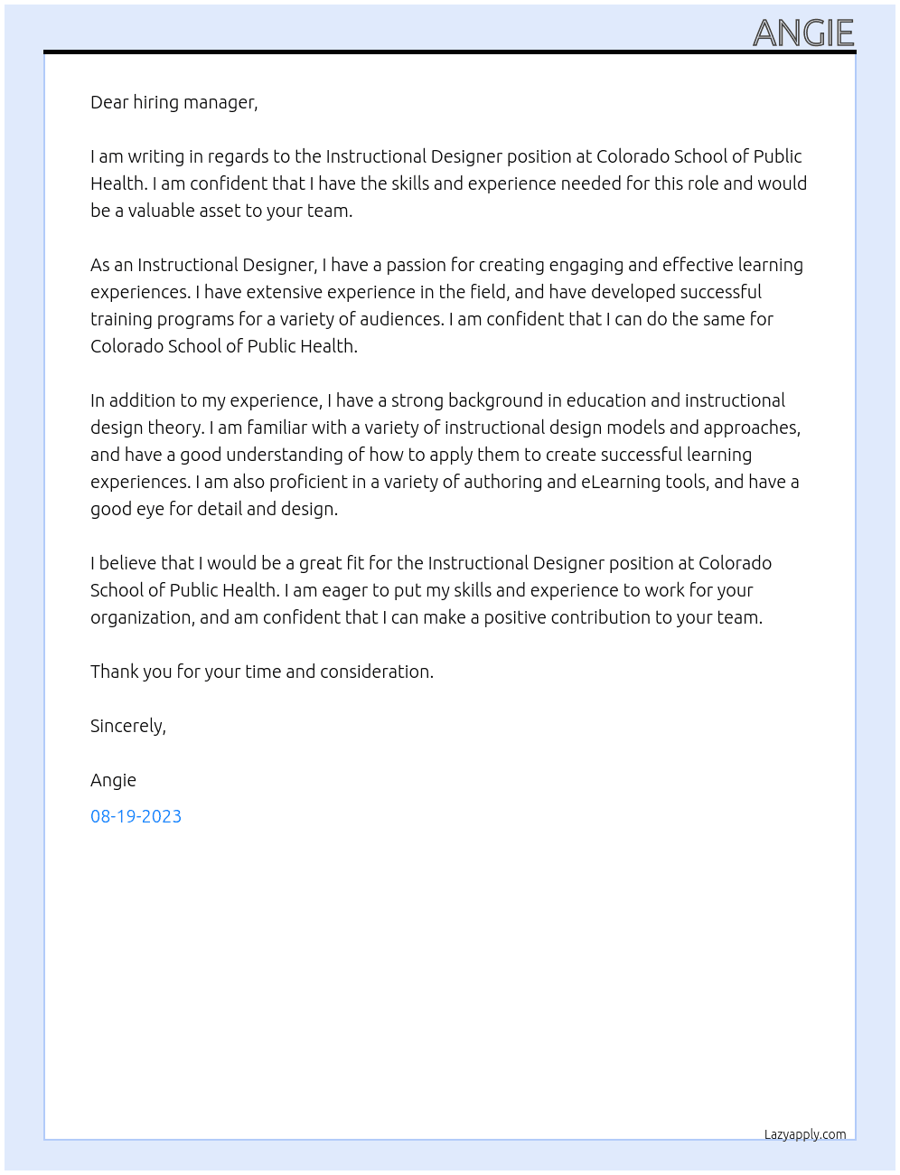 Instructional Designer At Colorado School of Public Heatlh Cover Letter