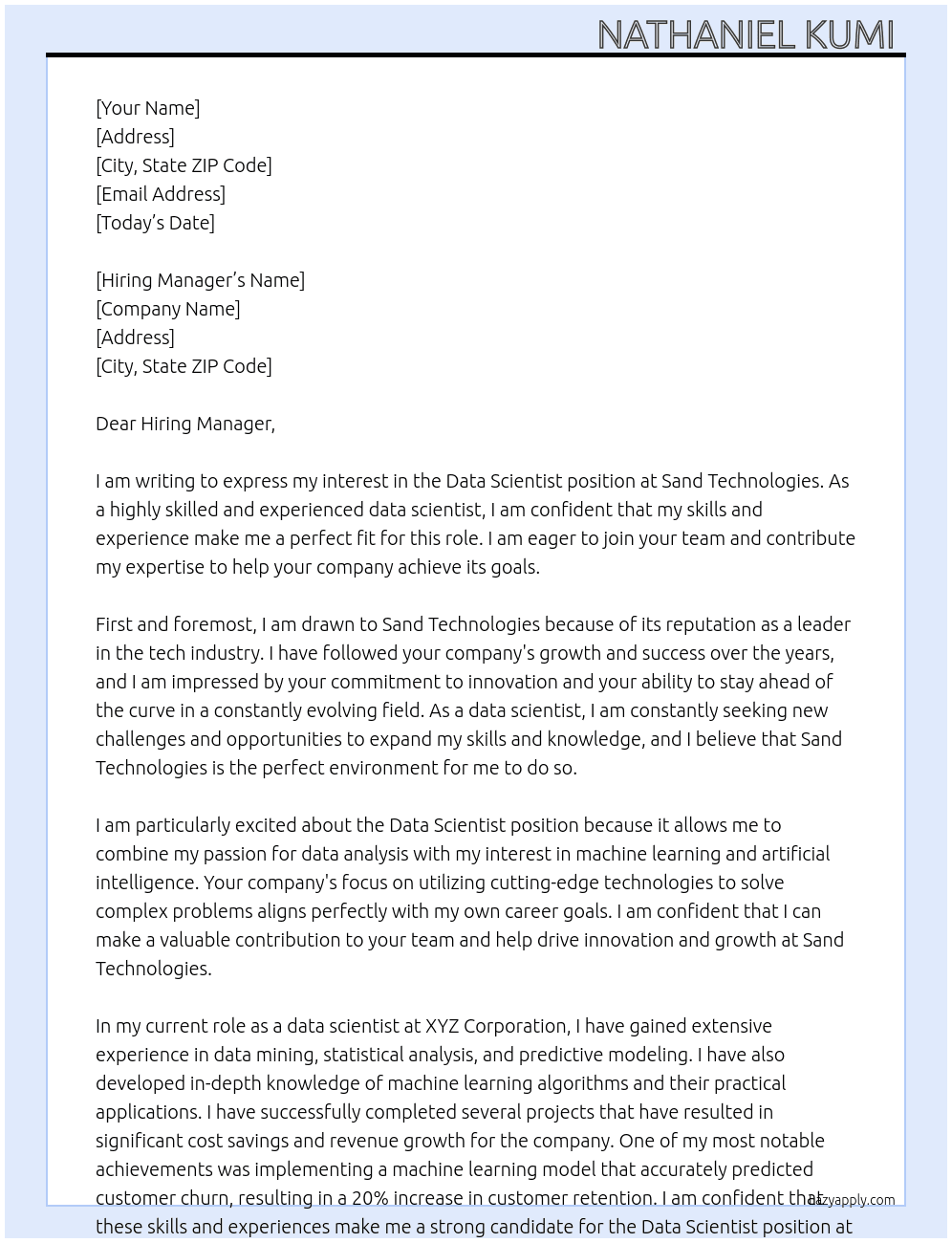 Data Scientist  At Sand Technologies  Cover Letter