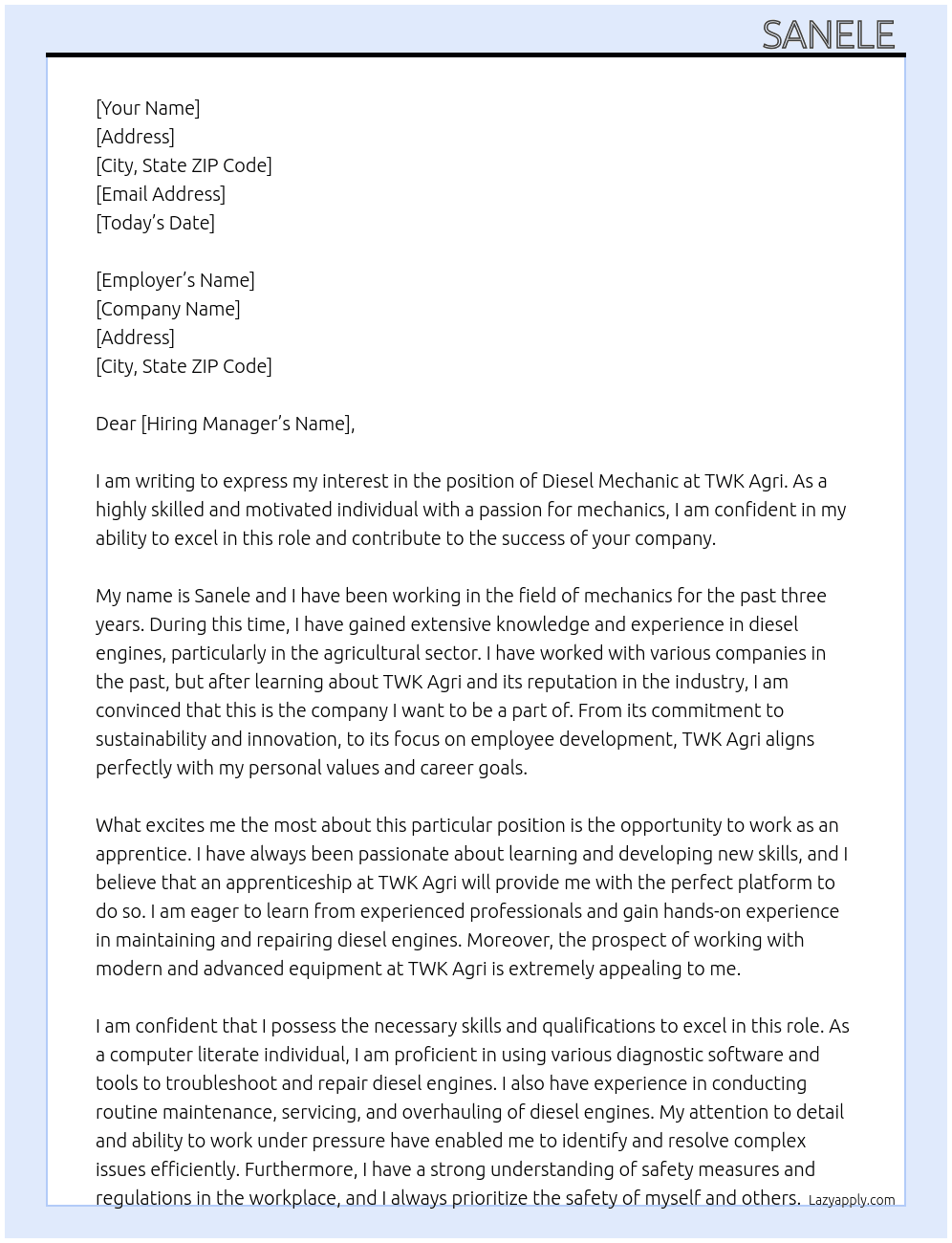 Diseal machenic  At TWK agri Cover Letter