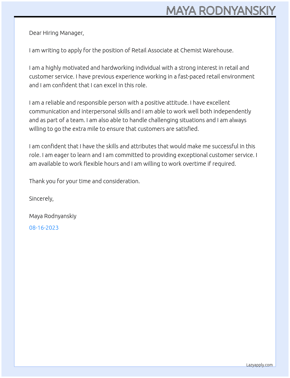 Retail Associate At Chemist Warehouse Cover Letter