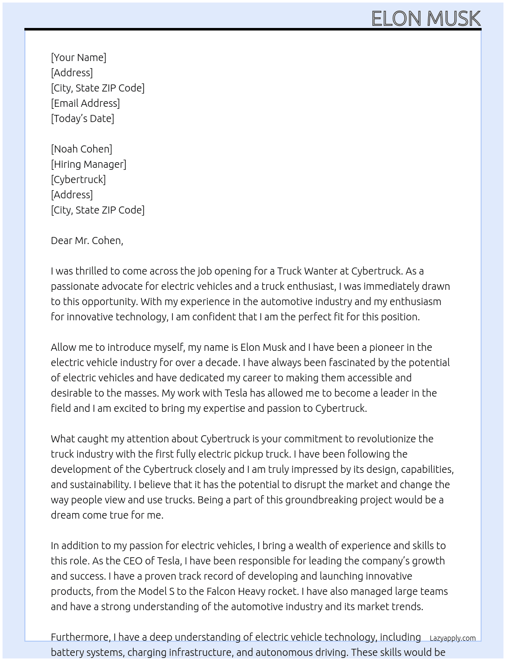 truck wanter At Cybertruck Cover Letter