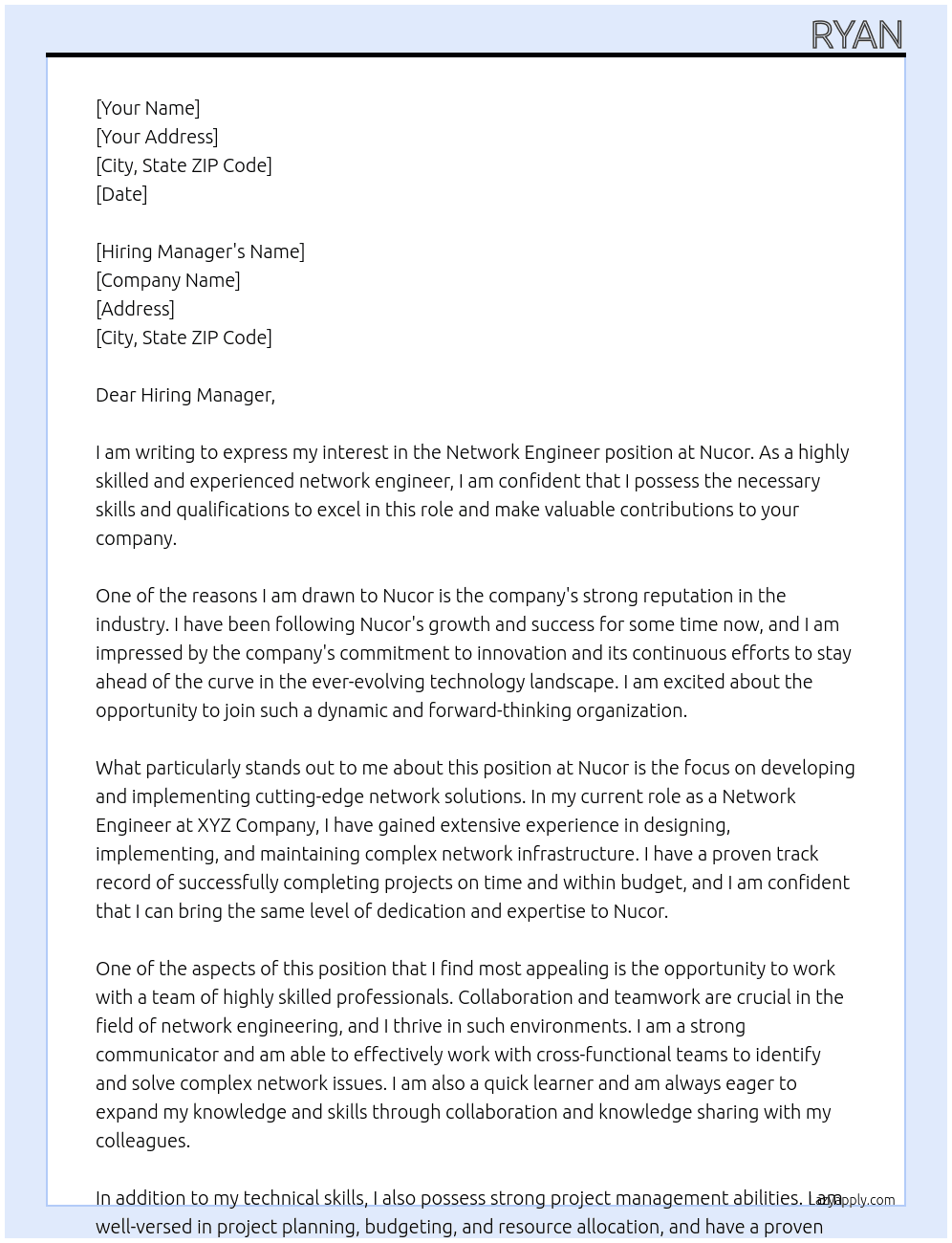 Network Engineer At Nucor Cover Letter