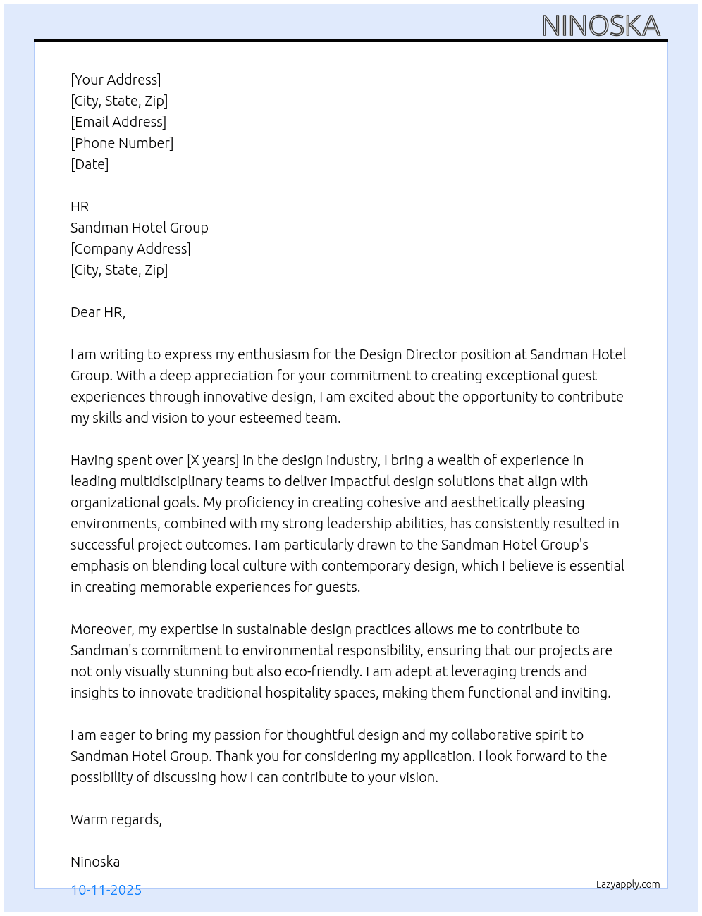 Design Director At Sandman Hotel Group Cover Letter