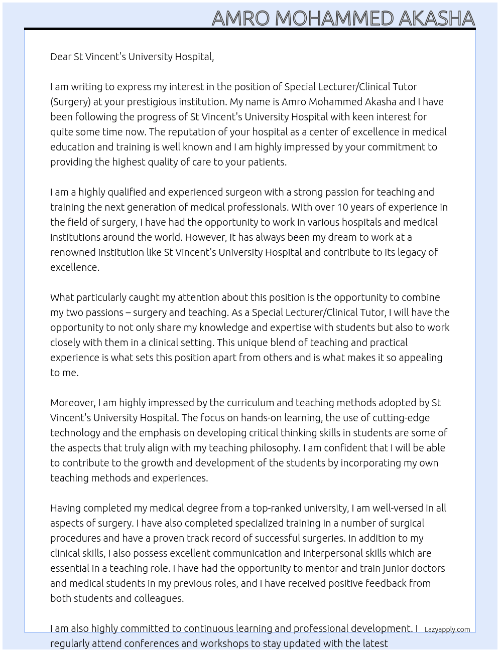 Special Lecturer/Clinical Tutor (Surgery) At St Vincent’s University Hospital Cover Letter