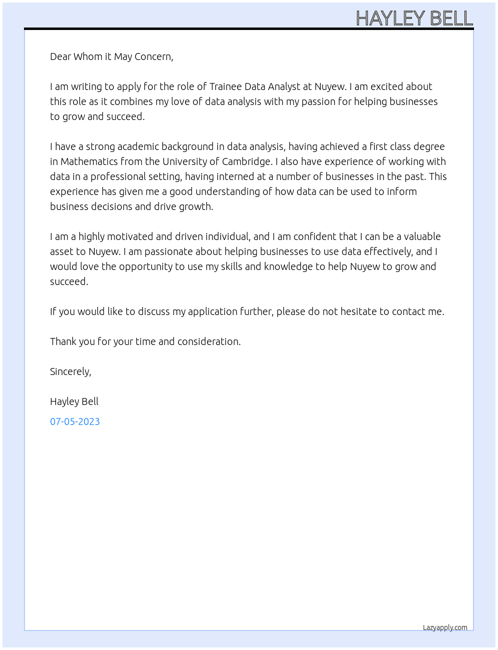 Trainee data analyst At Nuyew Cover Letter