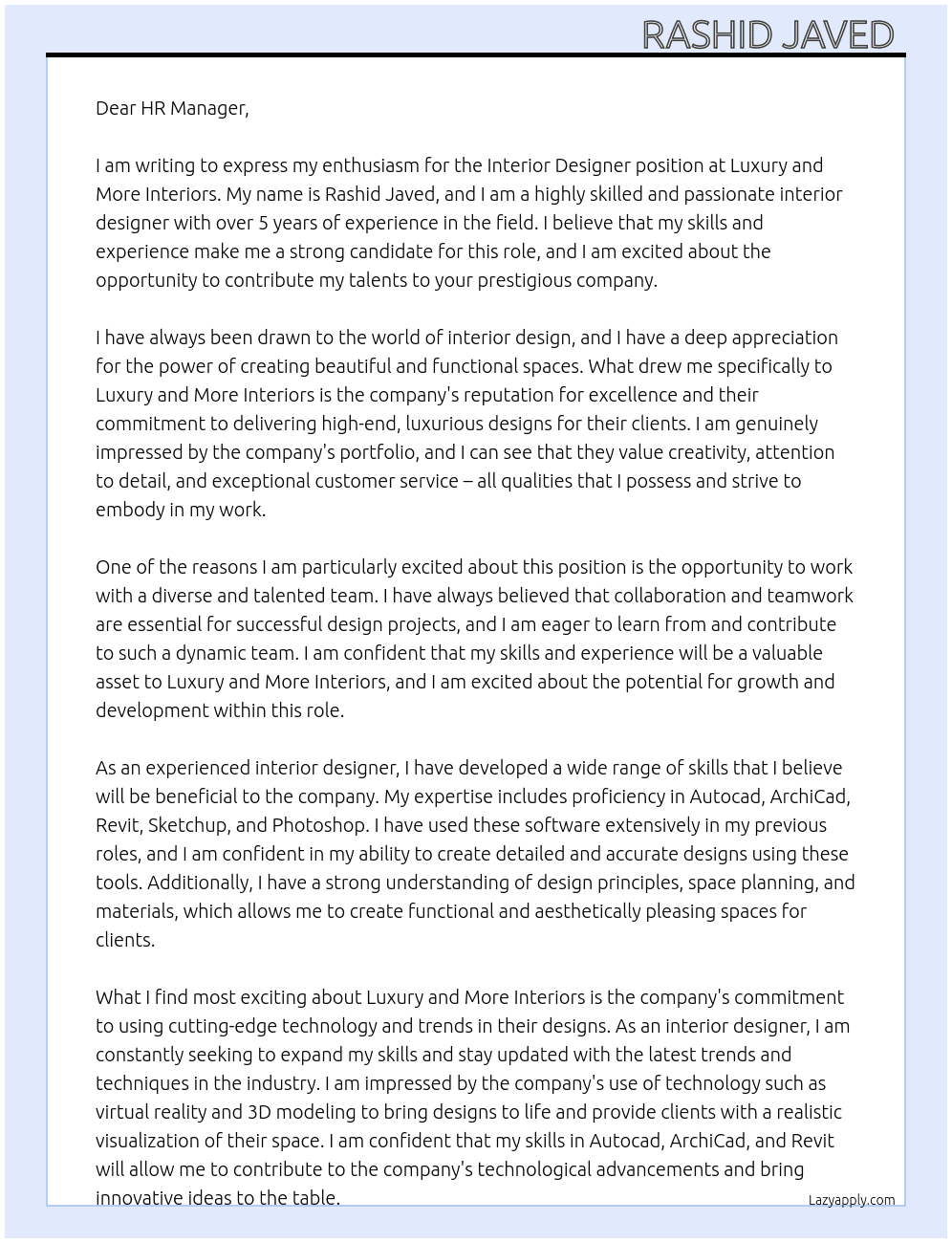 Interior Designer  At Luxury and More Interiors Cover Letter