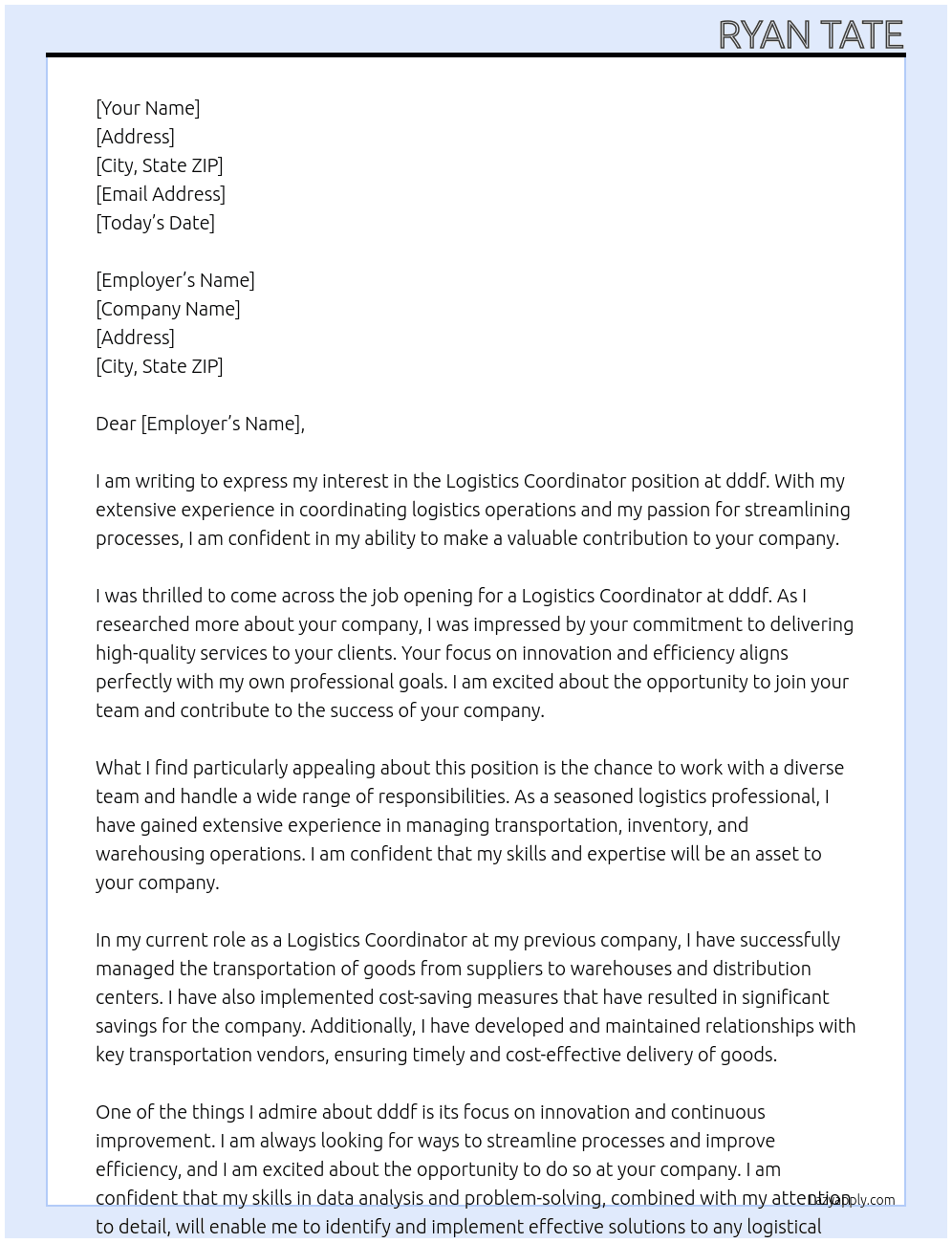 Logistics Coordinator At dddf Cover Letter