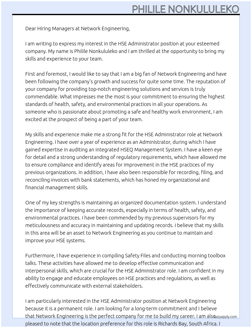 HSE Administrator At  Network Engineering Cover Letter