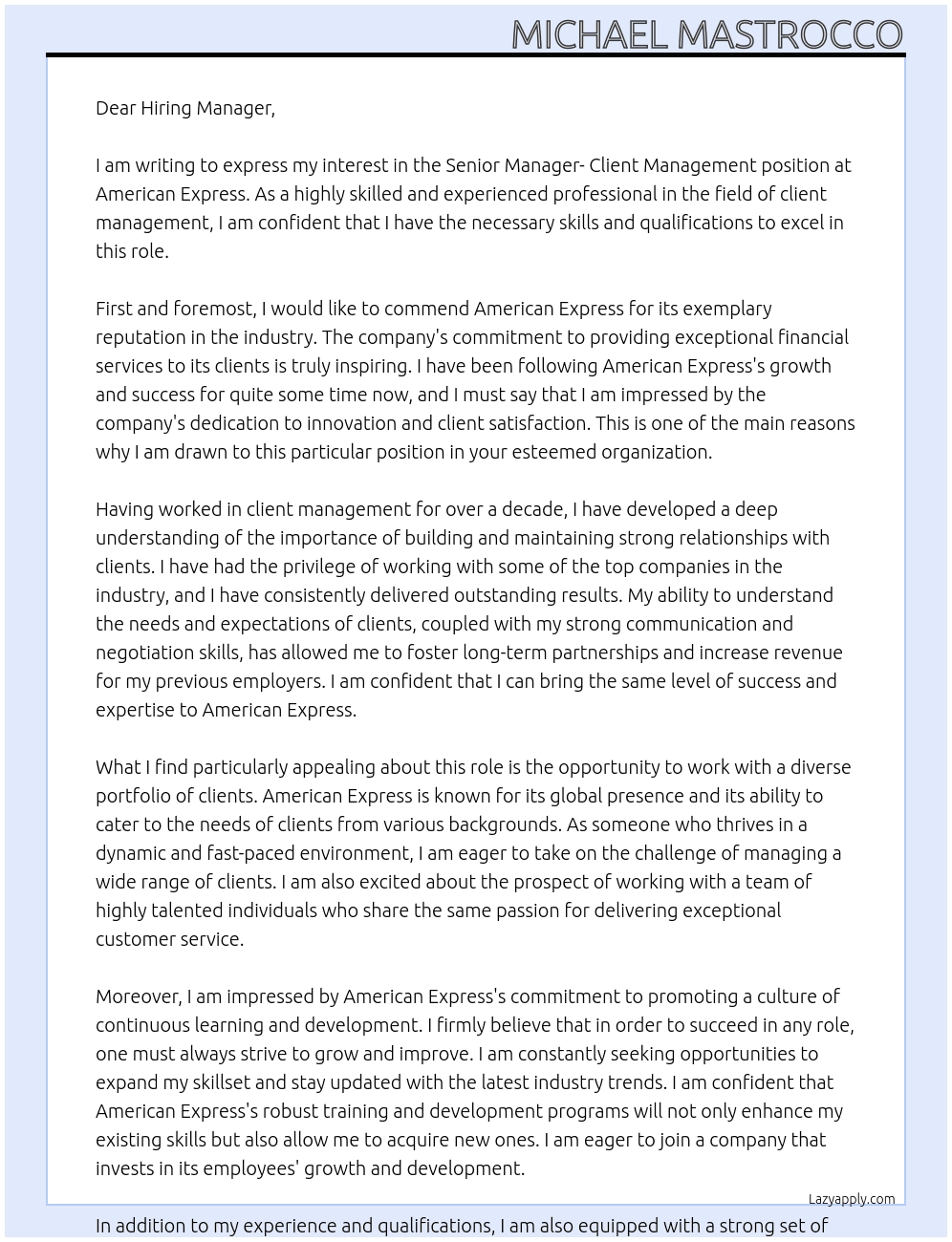 Senior Manager- Client Management At American Expresss  Cover Letter