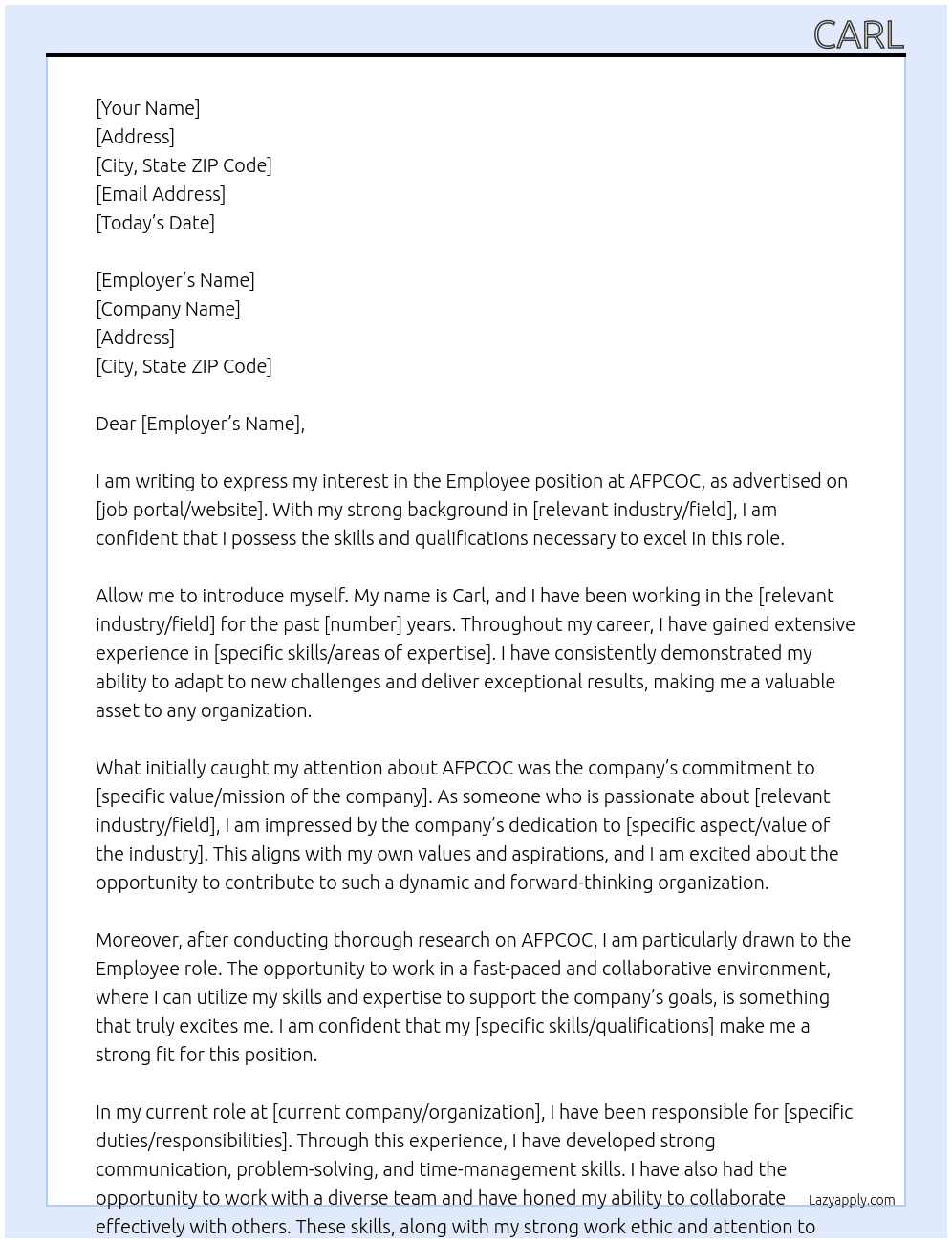 Employee At AFPCOC Cover Letter