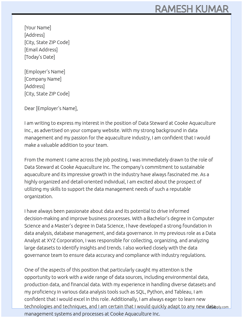 Data steward  At Cooke aquaculture.in Cover Letter