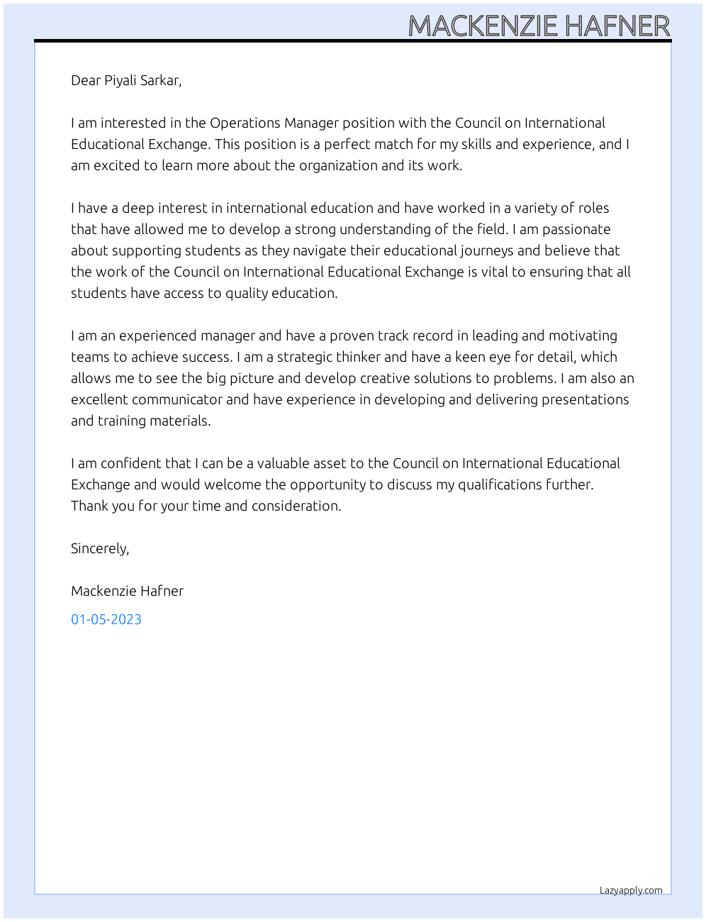 Operations Manager  At Council on International Educational Exchange Cover Letter