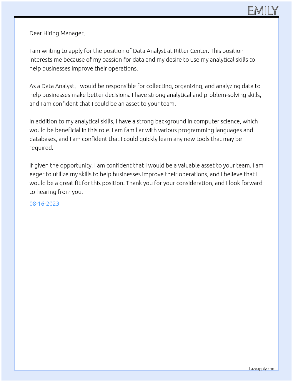 Data Analyst At Ritter Center Cover Letter