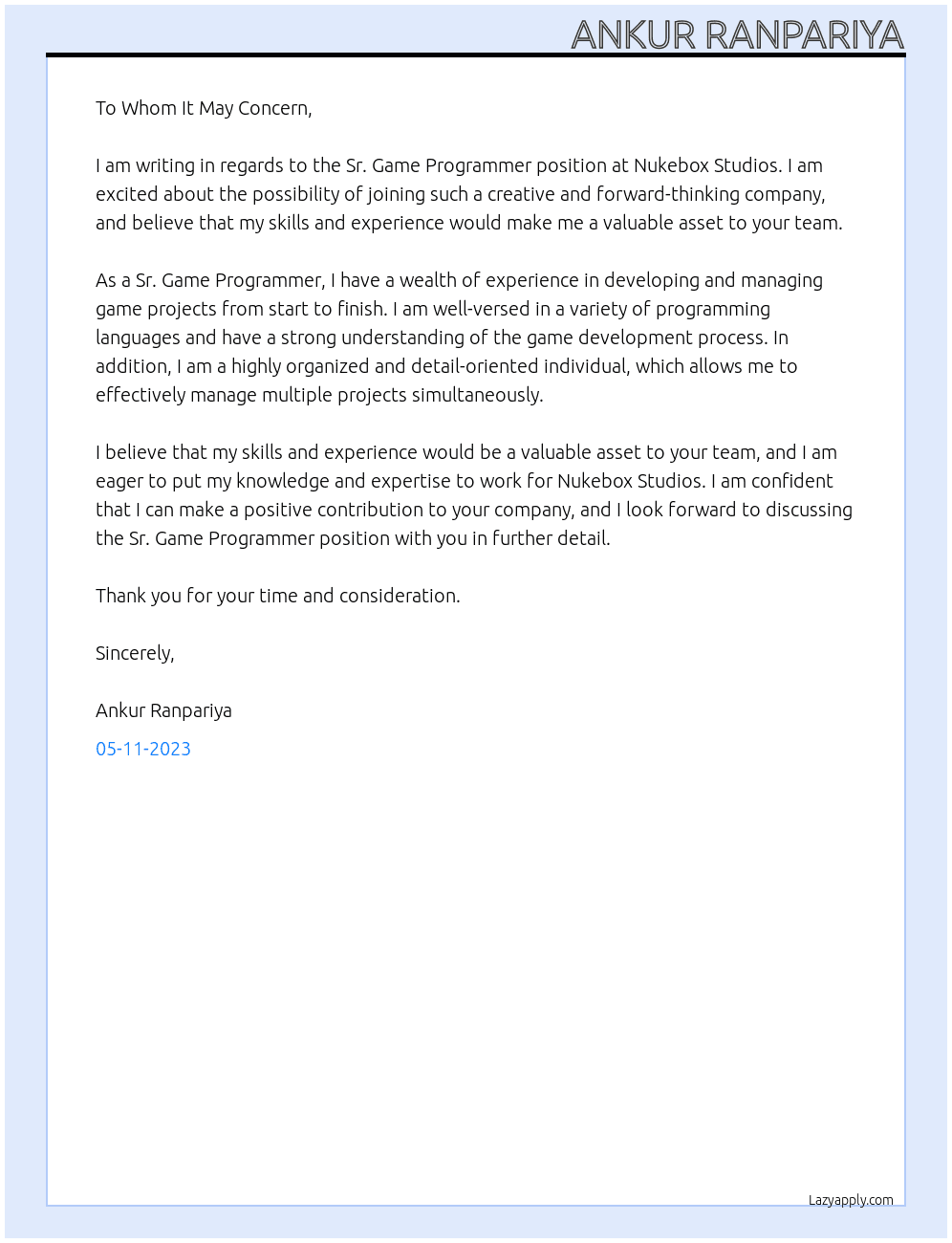 Sr. Game Programmer  At Nukebox Studios Cover Letter